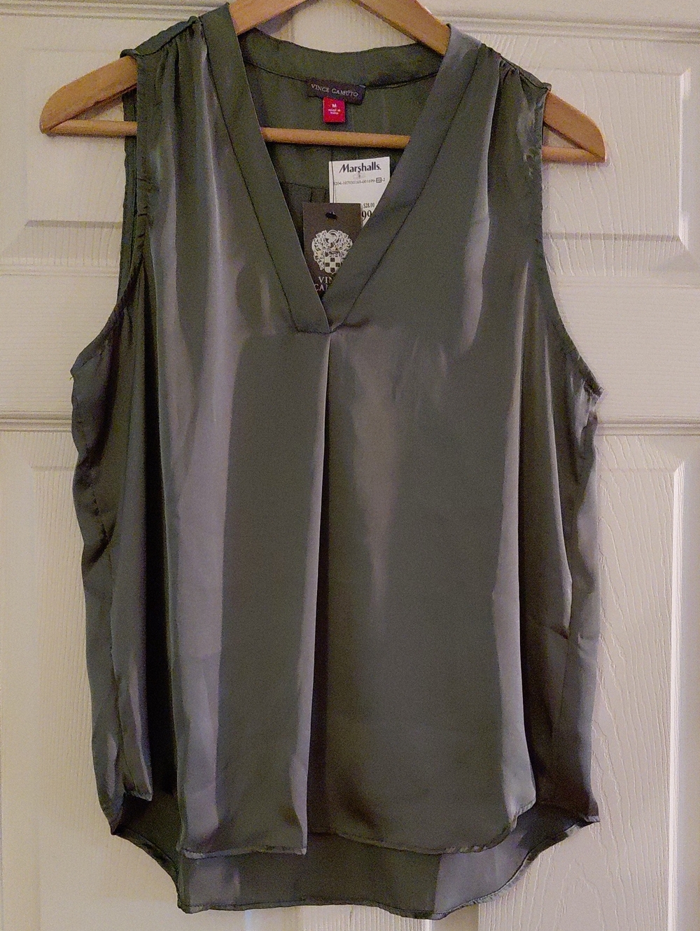 Vince Camuto Olive Satin V-Neck Sleeveless Blouse